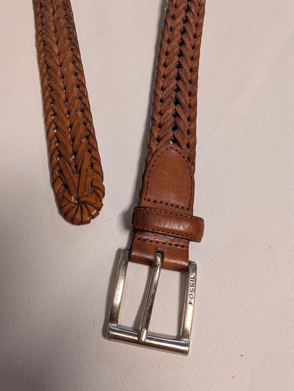 Fossil Braided Leather Belt in Brown with Silver Buckle